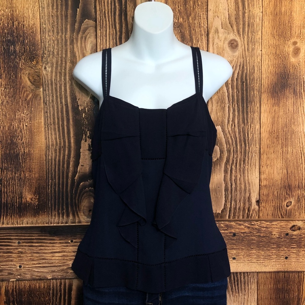 Diane Von Furstenberg Navy Blue Ruffle Tank Top